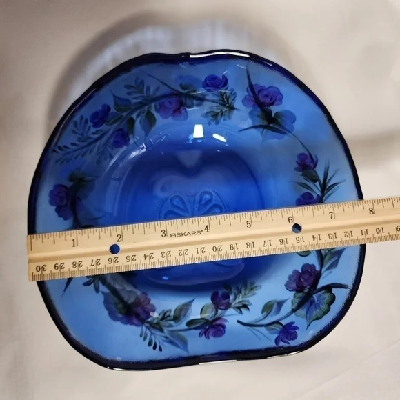 HANDPAINTED Cobalt Blue Bowl Floral Serving Dish Large Butterfly Roses Dimpled - Picture 5 of 14